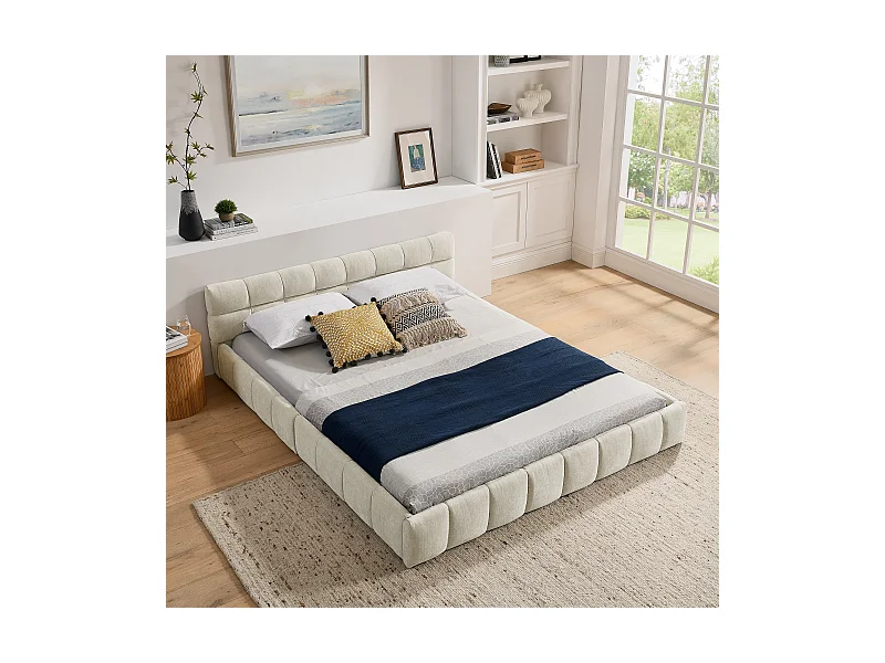 Łóżko podwójne 160 x 200 cm - Łóżko dla dorosłych z miękkim zagłówkiem i żelazną ramą - beżowa tkanina szenilowa - materac nie jest wliczony w cenę