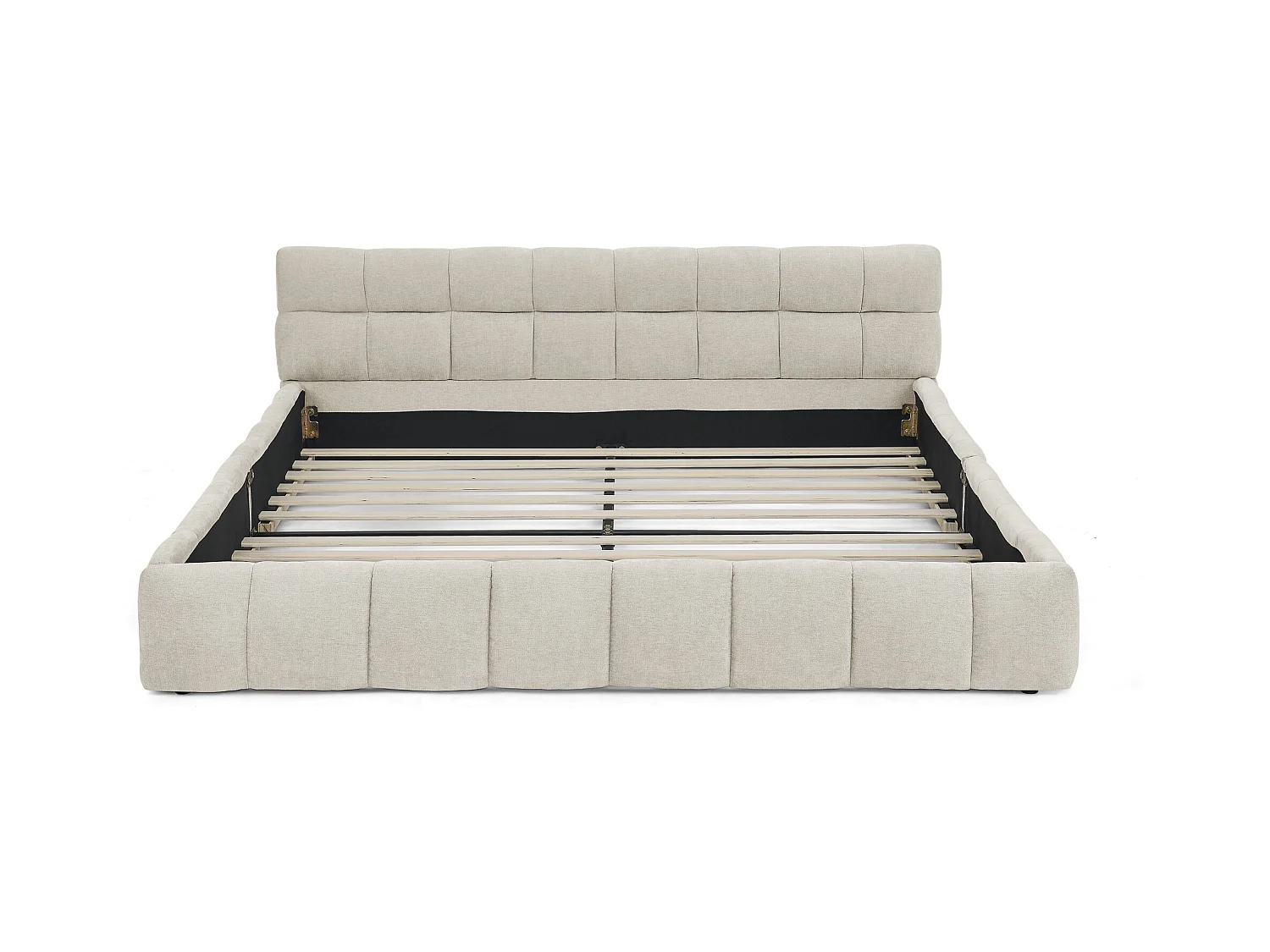 Łóżko podwójne 160 x 200 cm - Łóżko dla dorosłych z miękkim zagłówkiem i żelazną ramą - beżowa tkanina szenilowa - materac nie jest wliczony w cenę