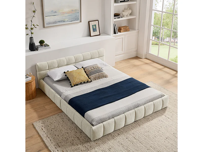 Lit double 160 x 200 cm - Lit adulte avec tête de lit moelleuse et cadre en fer - chenille beige - matelas non inclus