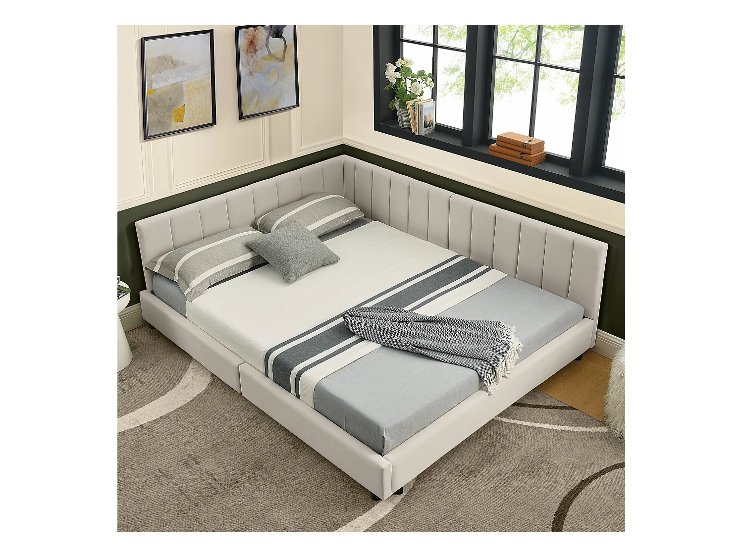 Letto per adulti 160 x 200 cm - Letto matrimoniale a righe verticali - velluto beige - materasso non incluso
