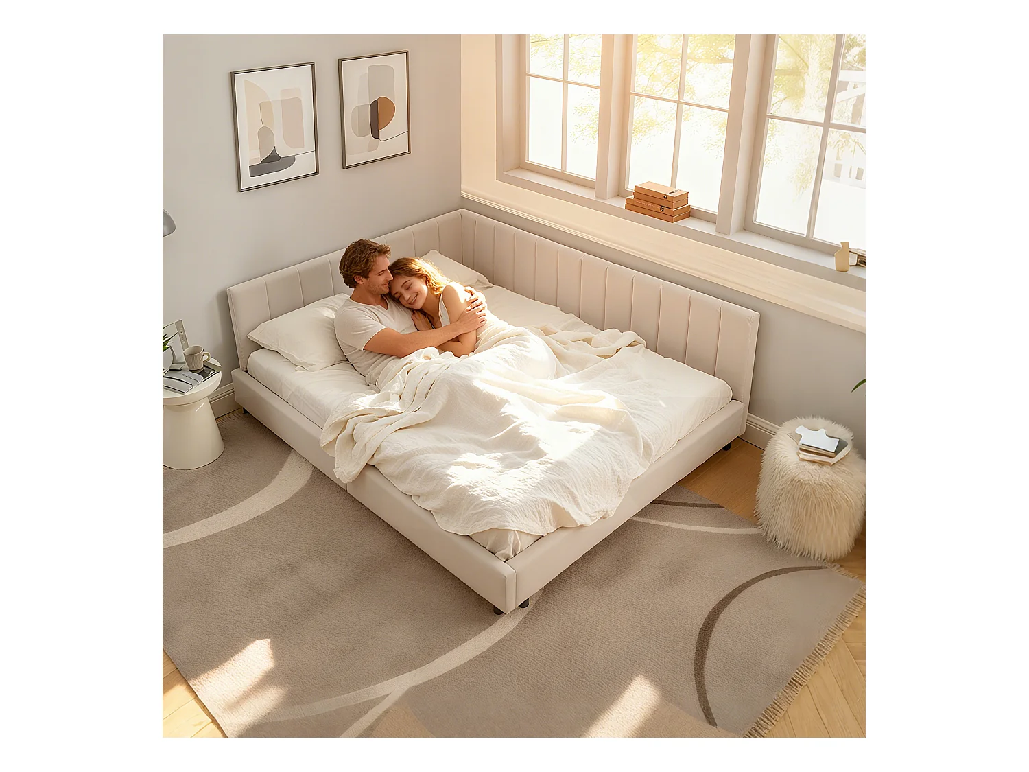 Letto per adulti 160 x 200 cm - Letto matrimoniale a righe verticali - velluto beige - materasso non incluso