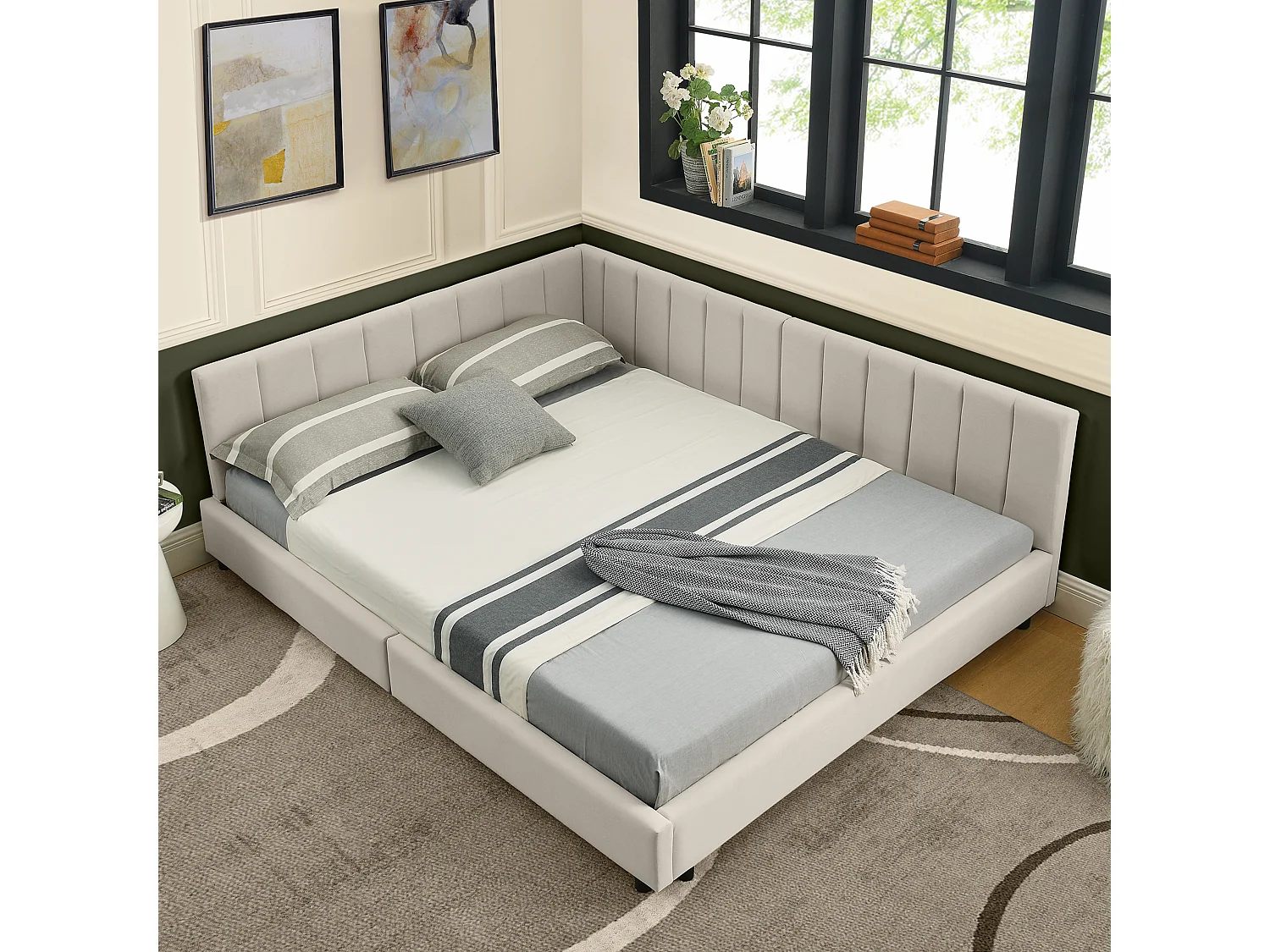 Letto per adulti 160 x 200 cm - Letto matrimoniale a righe verticali - velluto beige - materasso non incluso
