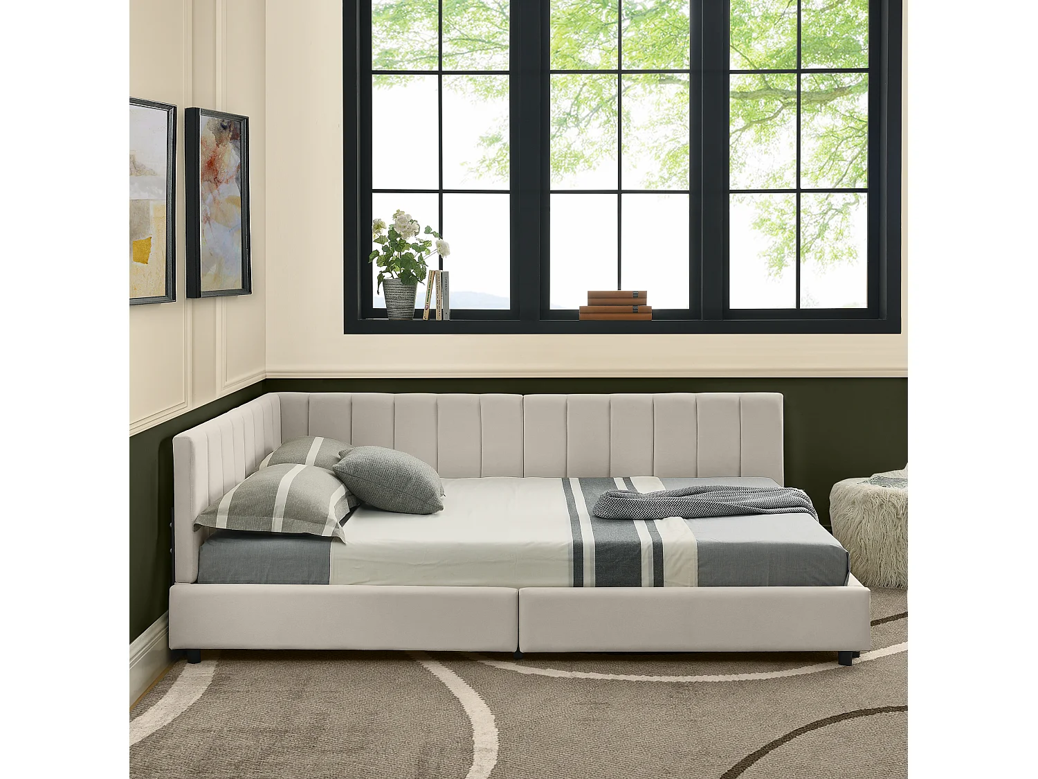 Letto per adulti 160 x 200 cm - Letto matrimoniale a righe verticali - velluto beige - materasso non incluso