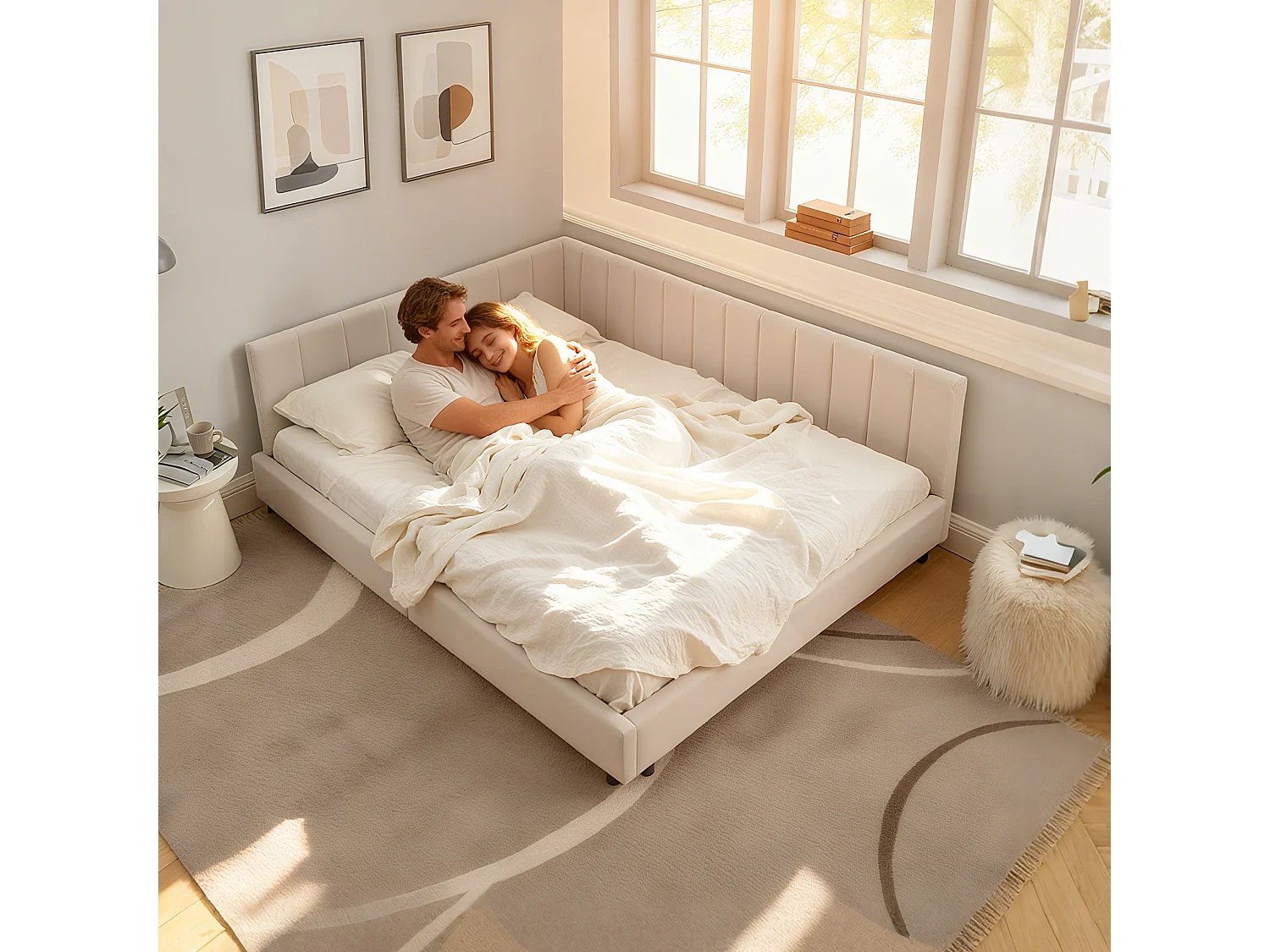 Letto per adulti 160 x 200 cm - Letto matrimoniale a righe verticali - velluto beige - materasso non incluso