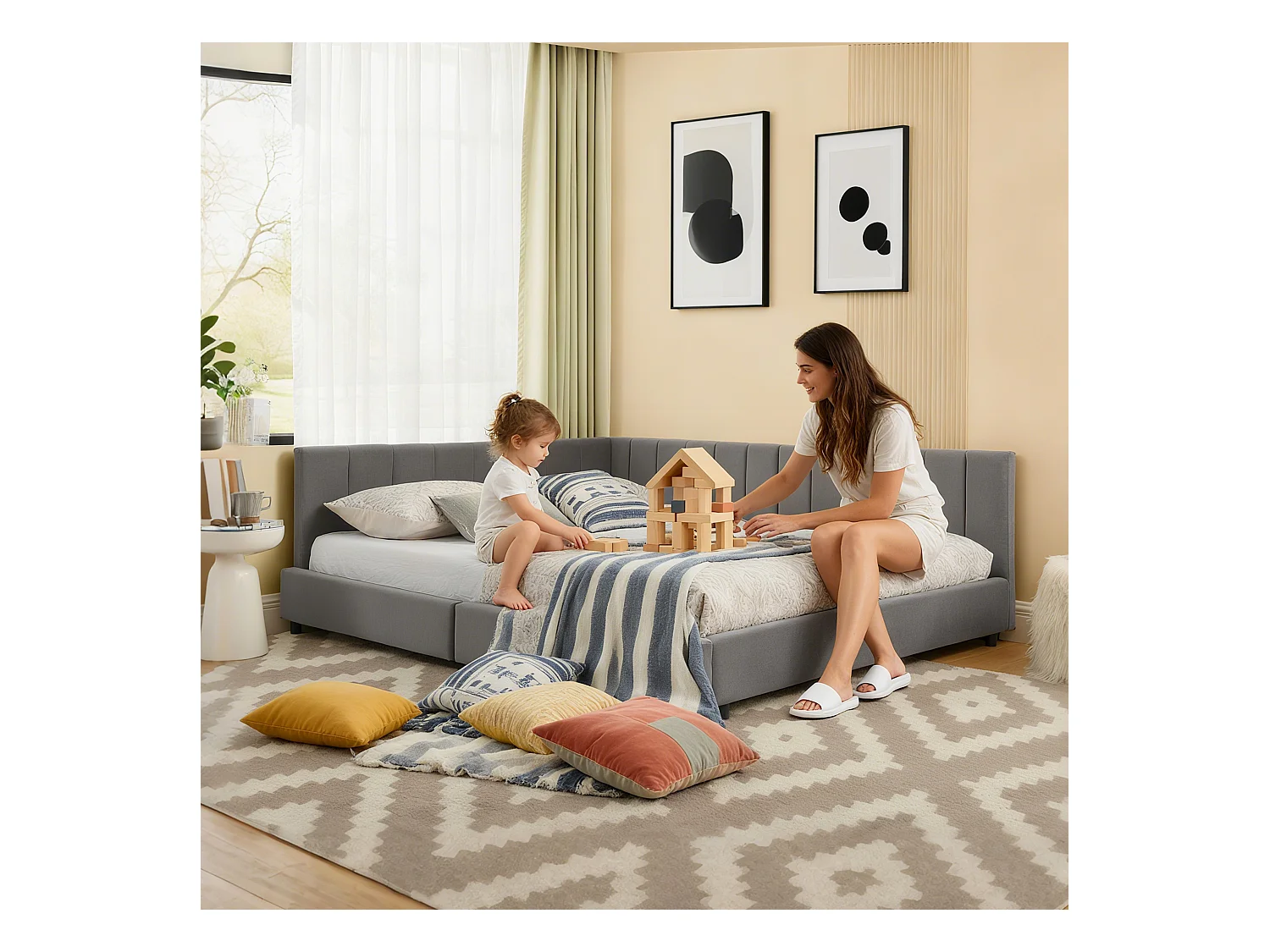 Letto per adulti 140 x 200 cm - Letto matrimoniale con righe verticali - velluto grigio - materasso non incluso