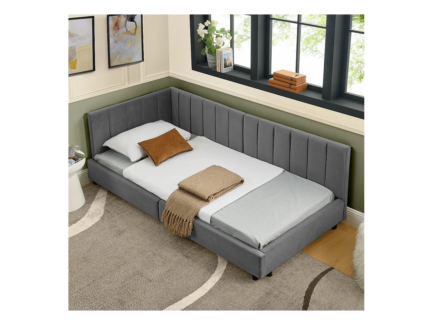 Lit enfant 90 x 200 cm - Lit simple à rayures verticales - velours gris - matelas non inclus