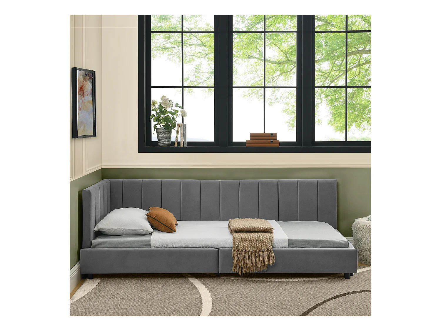 Lit enfant 90 x 200 cm - Lit simple à rayures verticales - velours gris - matelas non inclus