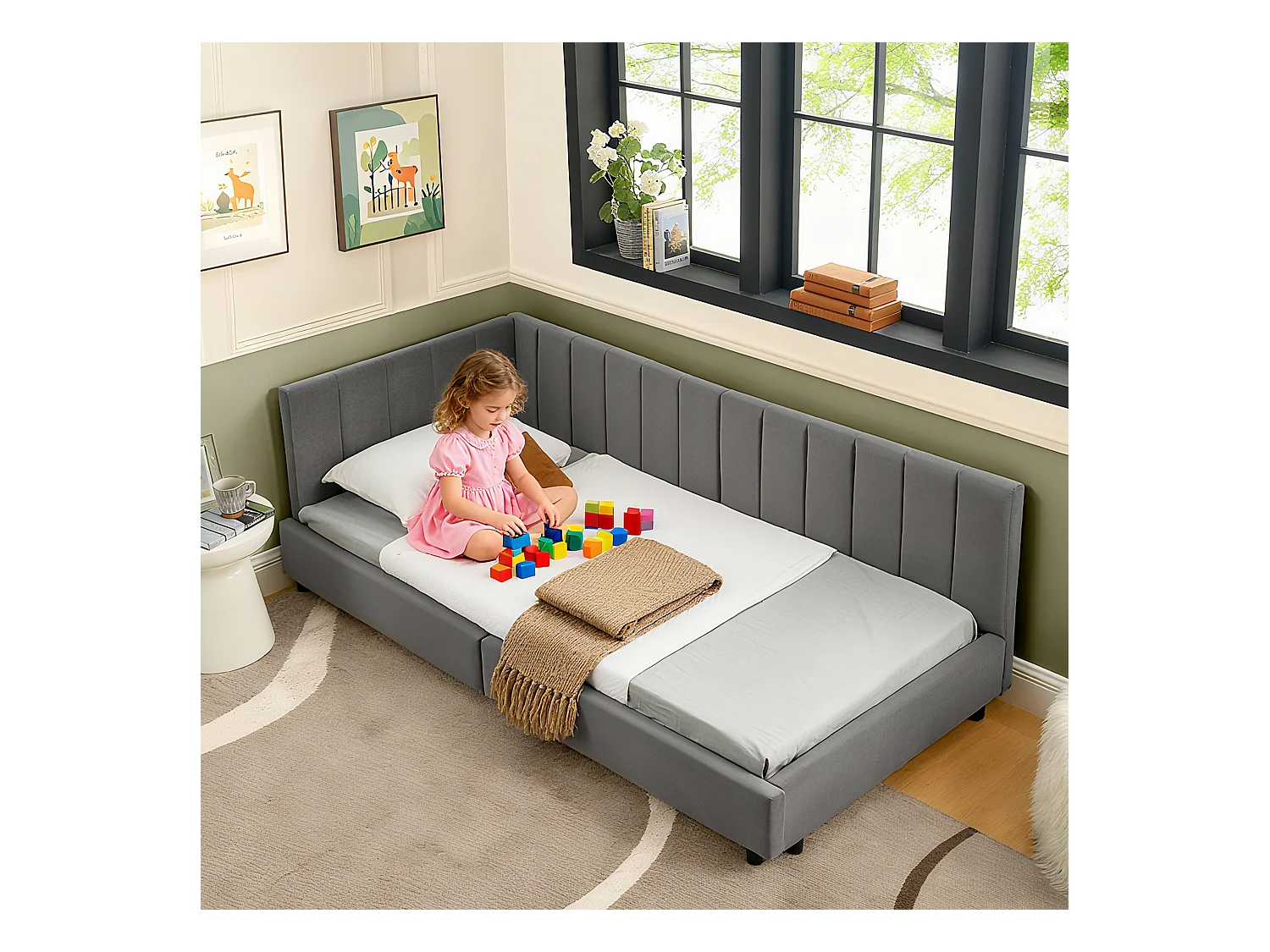 Lit enfant 90 x 200 cm - Lit simple à rayures verticales - velours gris - matelas non inclus
