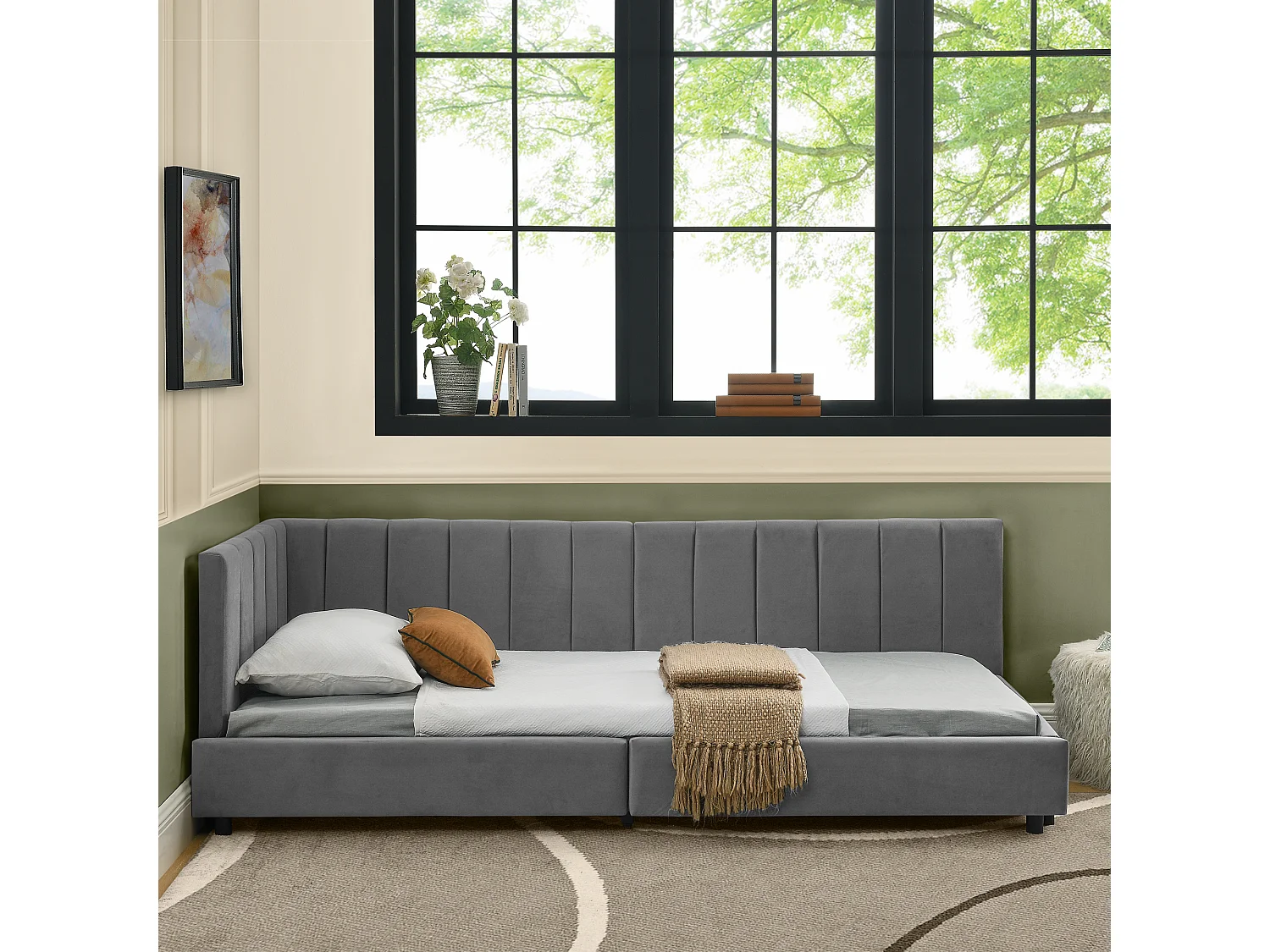 Letto per bambini 90 x 200 cm - Letto singolo con righe verticali - velluto grigio - materasso non incluso