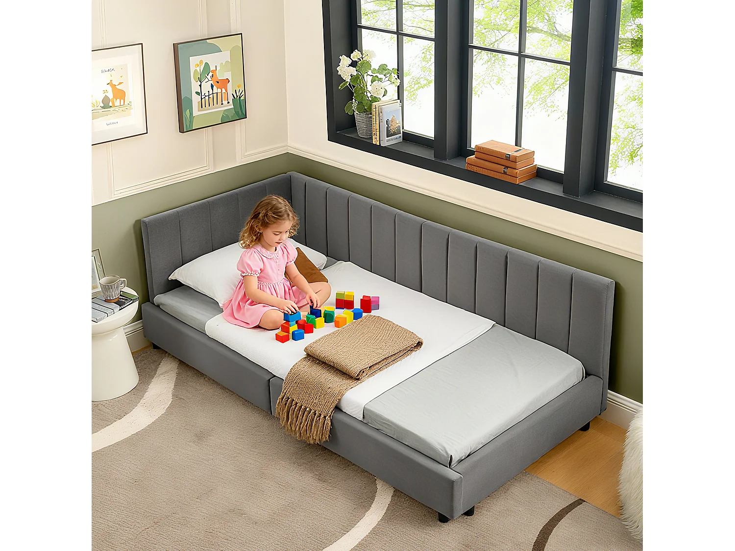 Letto per bambini 90 x 200 cm - Letto singolo con righe verticali - velluto grigio - materasso non incluso