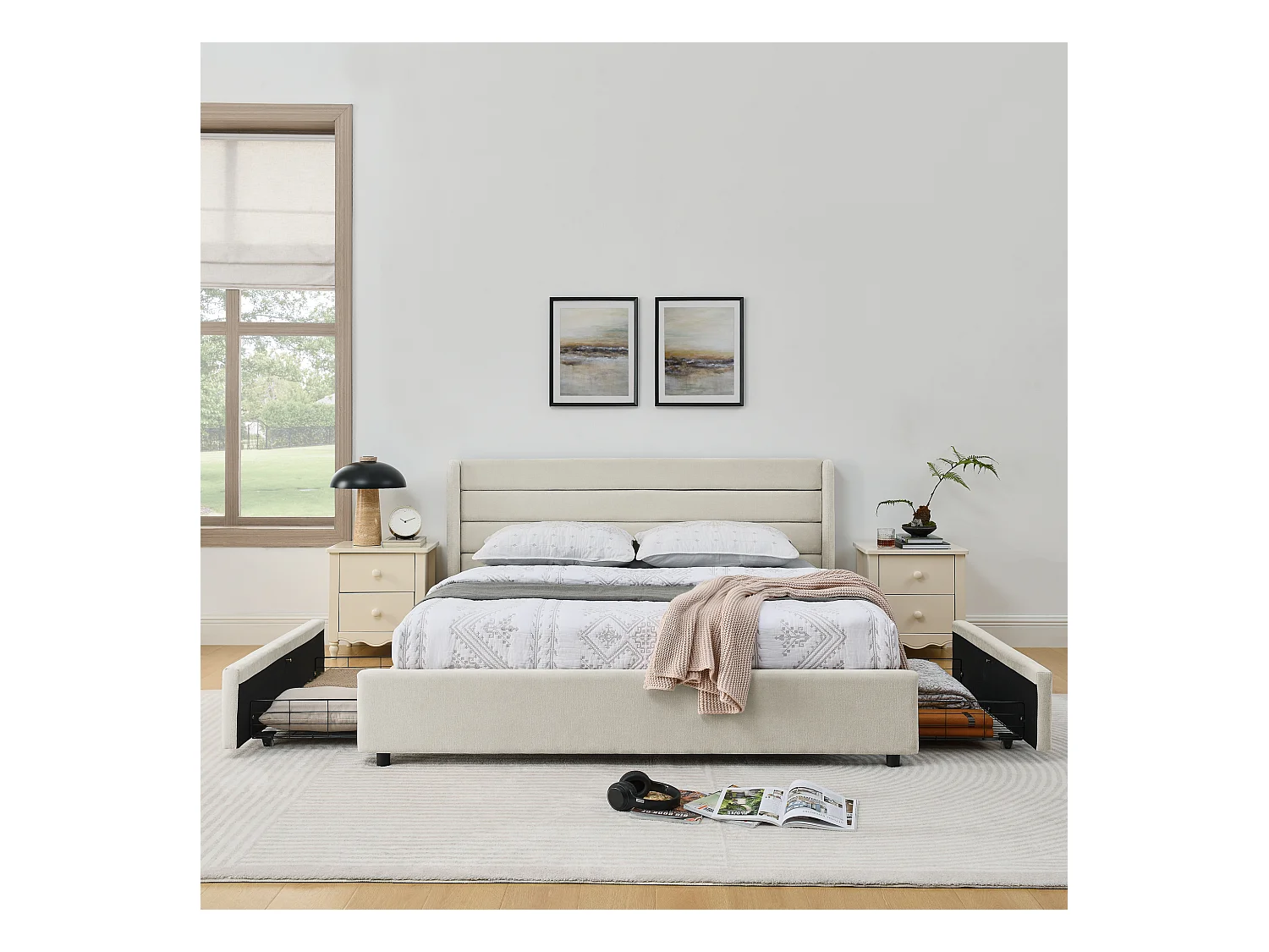 Łóżko podwójne 160 x 200 cm – łóżko dla dorosłych z 2 dużymi szufladami – beżowa tkanina szenilowa – materac nie jest wliczony w cenę