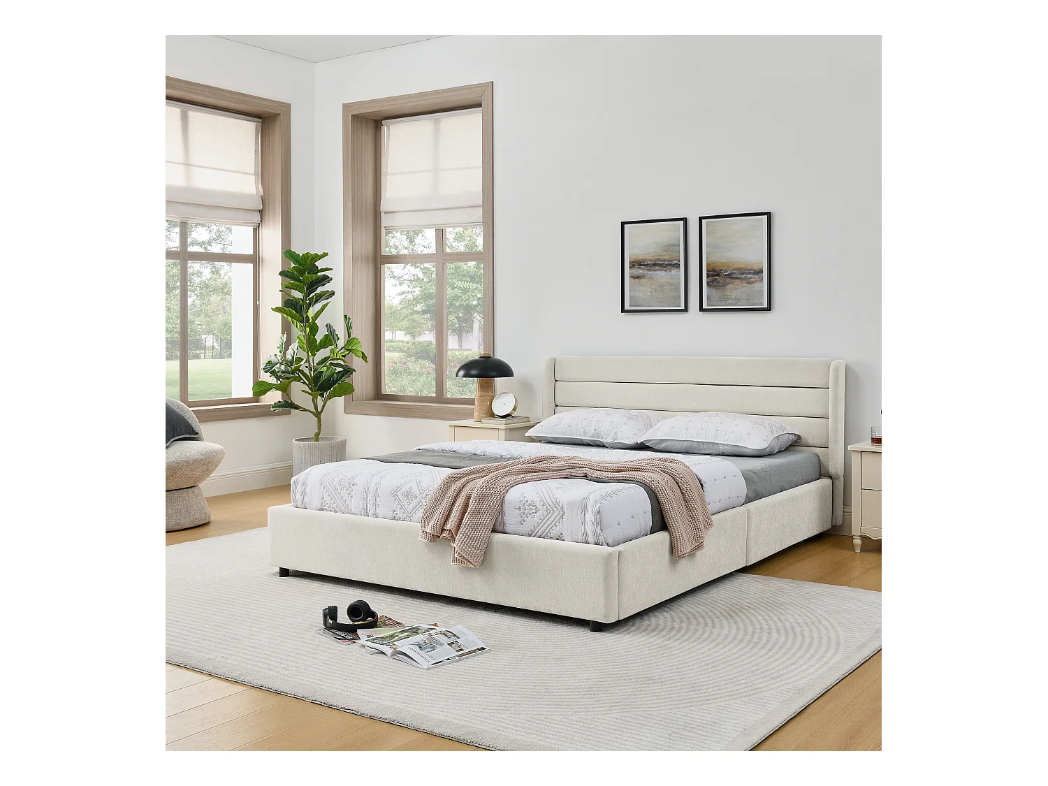 Łóżko podwójne 160 x 200 cm – łóżko dla dorosłych z 2 dużymi szufladami – beżowa tkanina szenilowa – materac nie jest wliczony w cenę