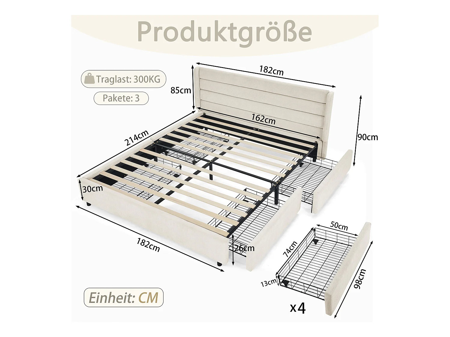 Łóżko podwójne 160 x 200 cm – łóżko dla dorosłych z 2 dużymi szufladami – beżowa tkanina szenilowa – materac nie jest wliczony w cenę