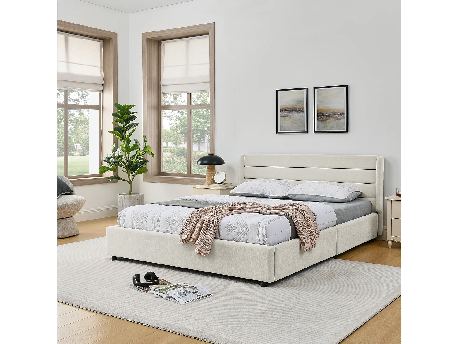 Lit double 160 x 200 cm - Lit adulte avec 2 grands tiroirs de rangement - tissu chenille beige - matelas non inclus