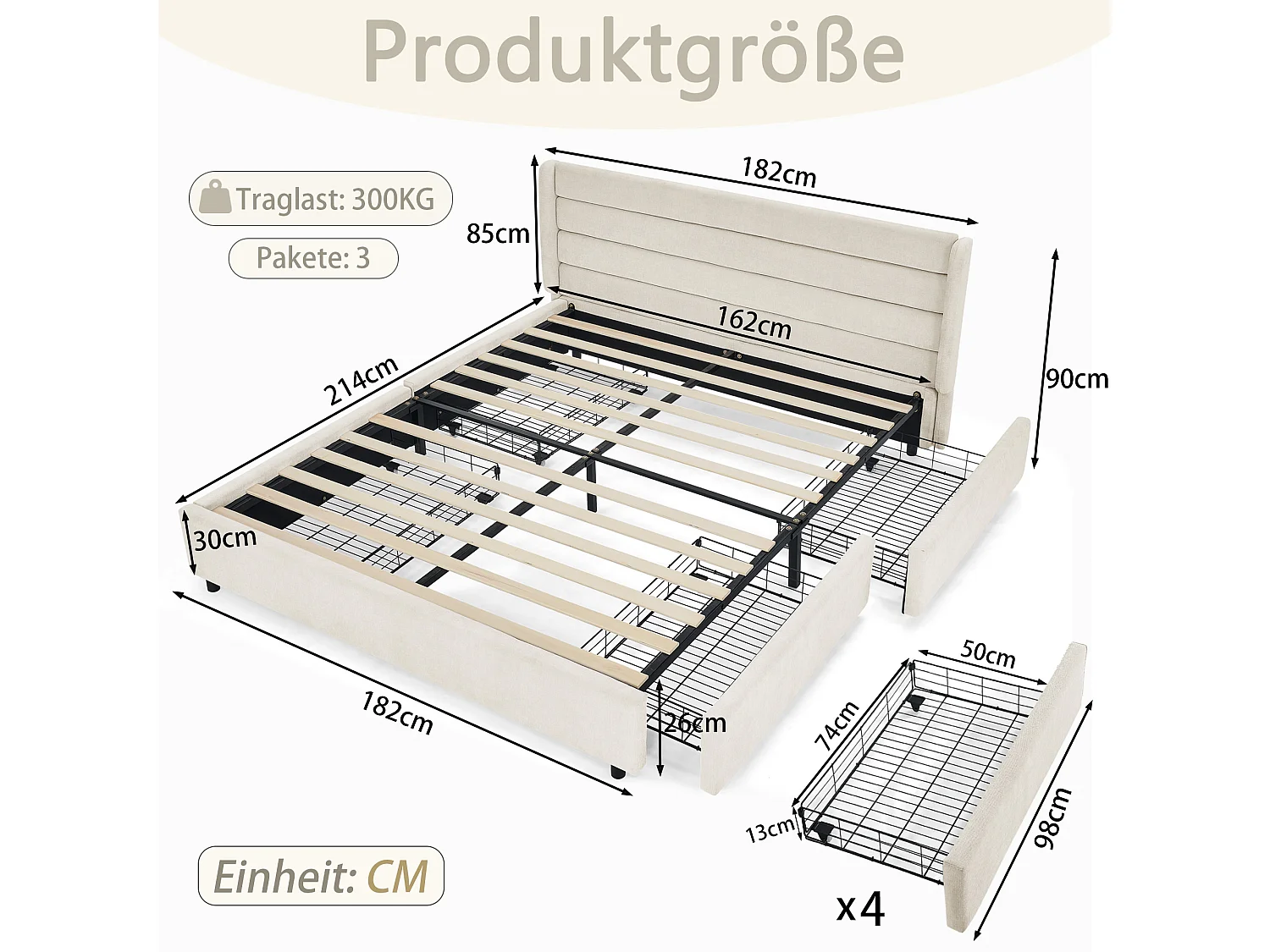 Lit double 160 x 200 cm - Lit adulte avec 2 grands tiroirs de rangement - tissu chenille beige - matelas non inclus