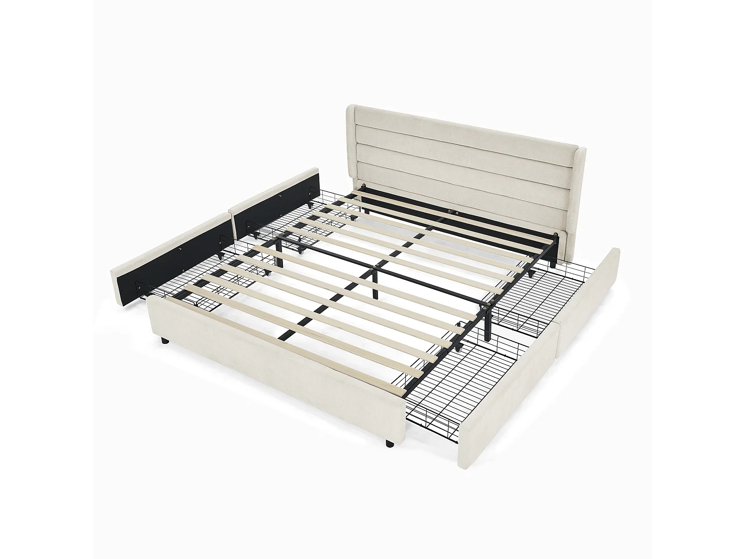 Lit double 160 x 200 cm - Lit adulte avec 2 grands tiroirs de rangement - tissu chenille beige - matelas non inclus