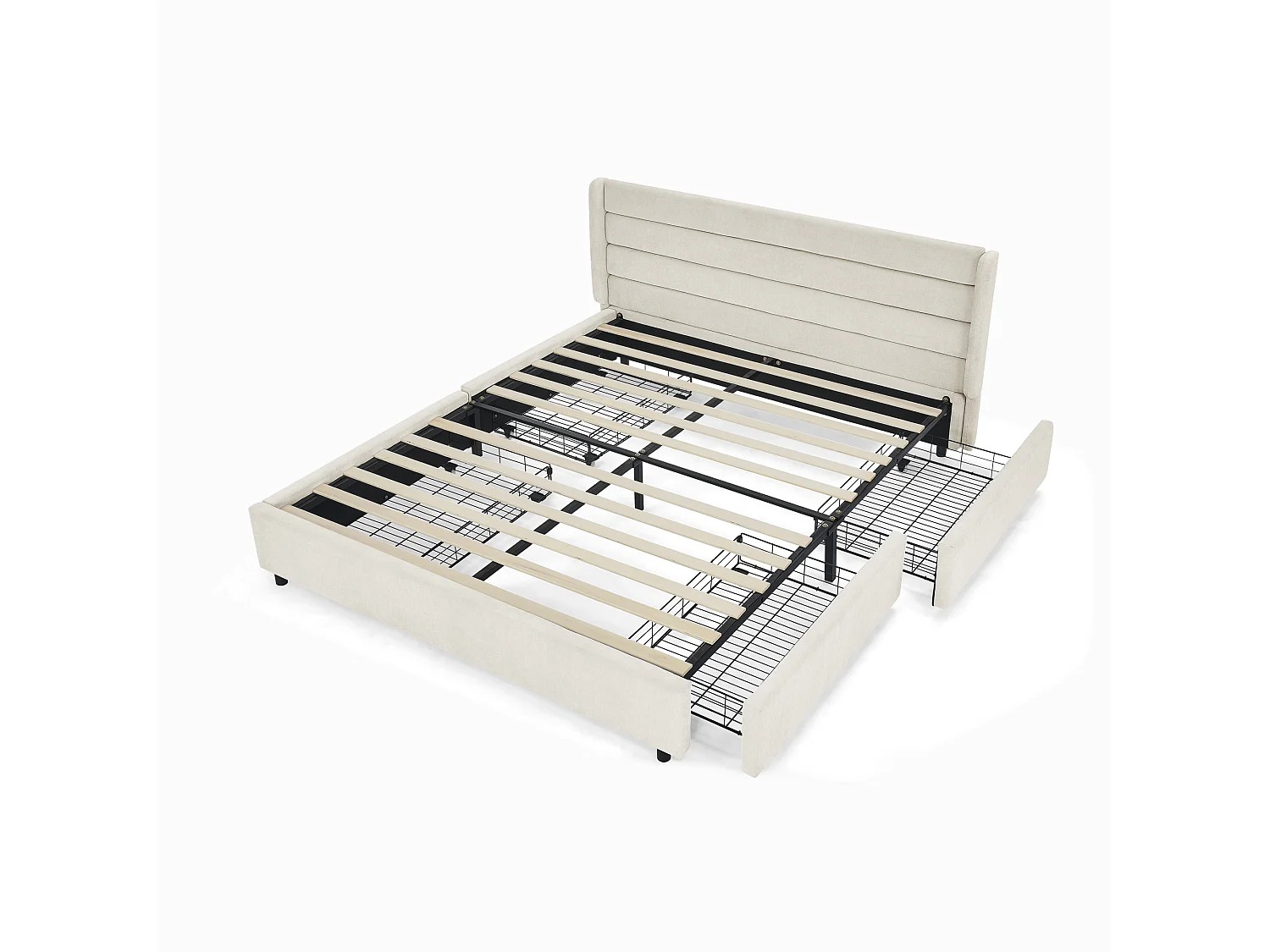 Lit double 160 x 200 cm - Lit adulte avec 2 grands tiroirs de rangement - tissu chenille beige - matelas non inclus