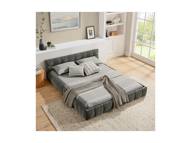 Lit double 140 x 200 cm - Lit adulte avec tête de lit moelleuse et cadre en fer - chenille gris foncé - matelas non inclus