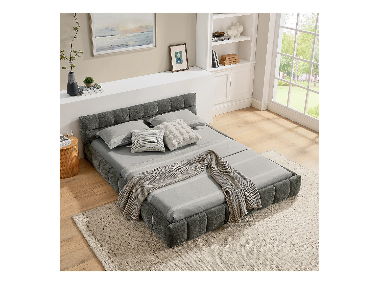 Łóżko podwójne 140 x 200 cm - Łóżko dla dorosłych z miękkim zagłówkiem i żelazną ramą - ciemnoszara tkanina szenilowa - materac nie jest wliczony w cenę