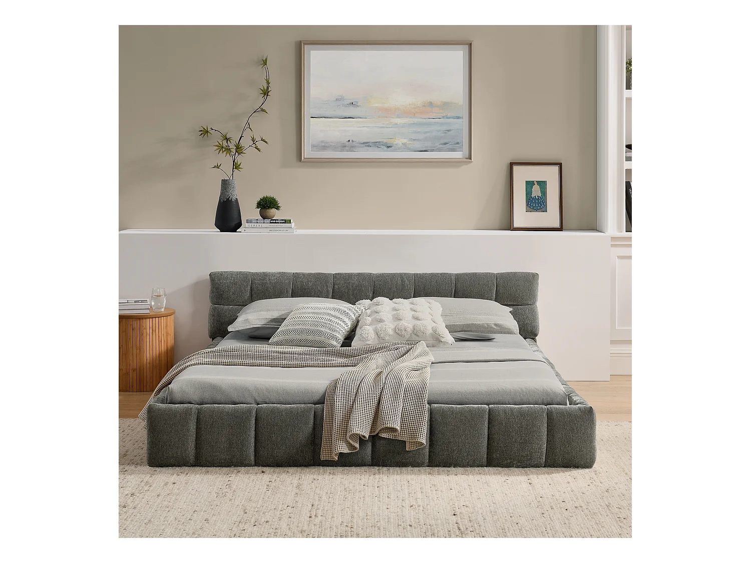 Łóżko podwójne 140 x 200 cm - Łóżko dla dorosłych z miękkim zagłówkiem i żelazną ramą - ciemnoszara tkanina szenilowa - materac nie jest wliczony w cenę