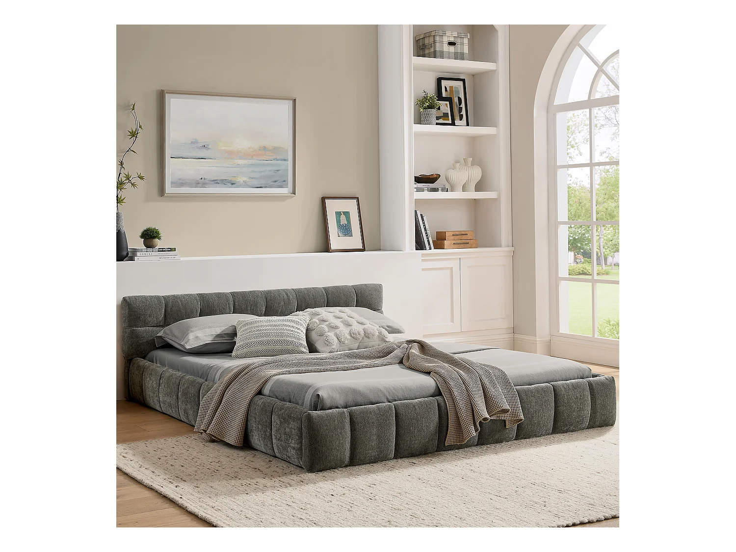 Łóżko podwójne 140 x 200 cm - Łóżko dla dorosłych z miękkim zagłówkiem i żelazną ramą - ciemnoszara tkanina szenilowa - materac nie jest wliczony w cenę