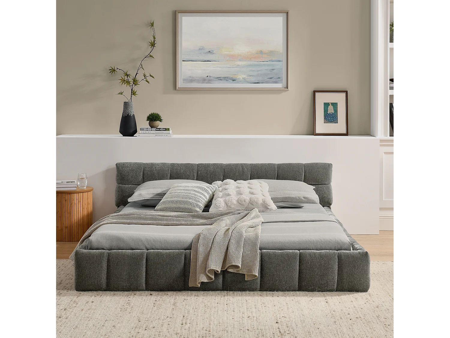 Łóżko podwójne 140 x 200 cm - Łóżko dla dorosłych z miękkim zagłówkiem i żelazną ramą - ciemnoszara tkanina szenilowa - materac nie jest wliczony w cenę