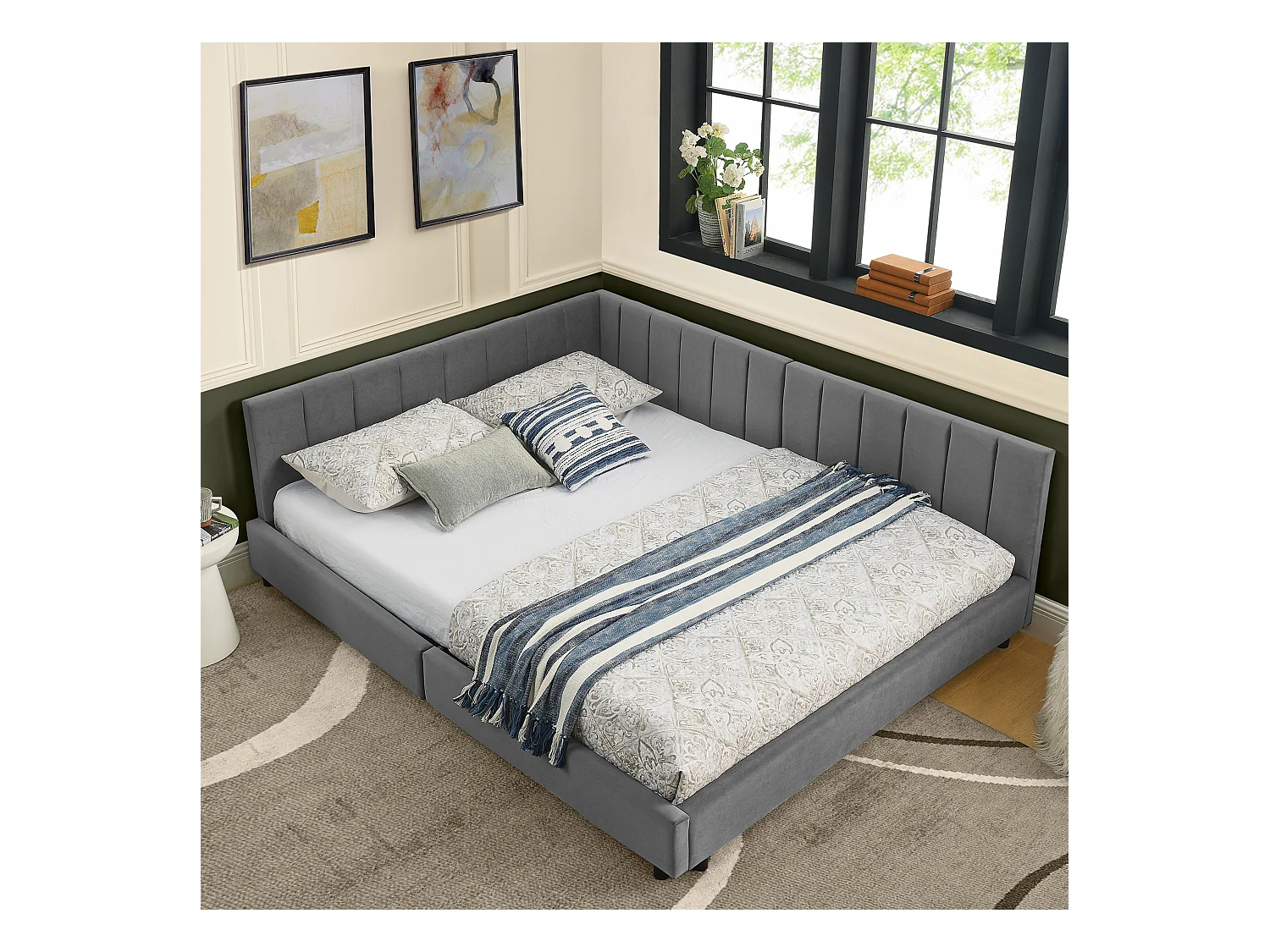 Letto per adulti 160 x 200 cm - Letto matrimoniale con righe verticali - velluto grigio - materasso non incluso