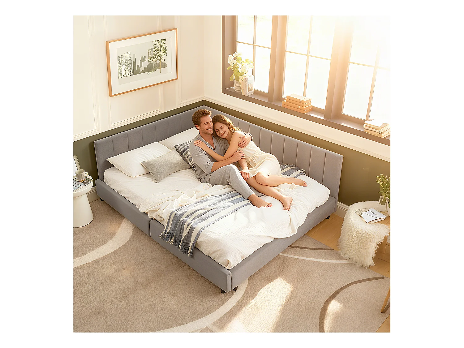 Letto per adulti 160 x 200 cm - Letto matrimoniale con righe verticali - velluto grigio - materasso non incluso