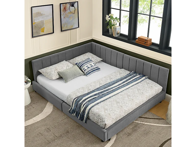 Letto per adulti 160 x 200 cm - Letto matrimoniale con righe verticali - velluto grigio - materasso non incluso