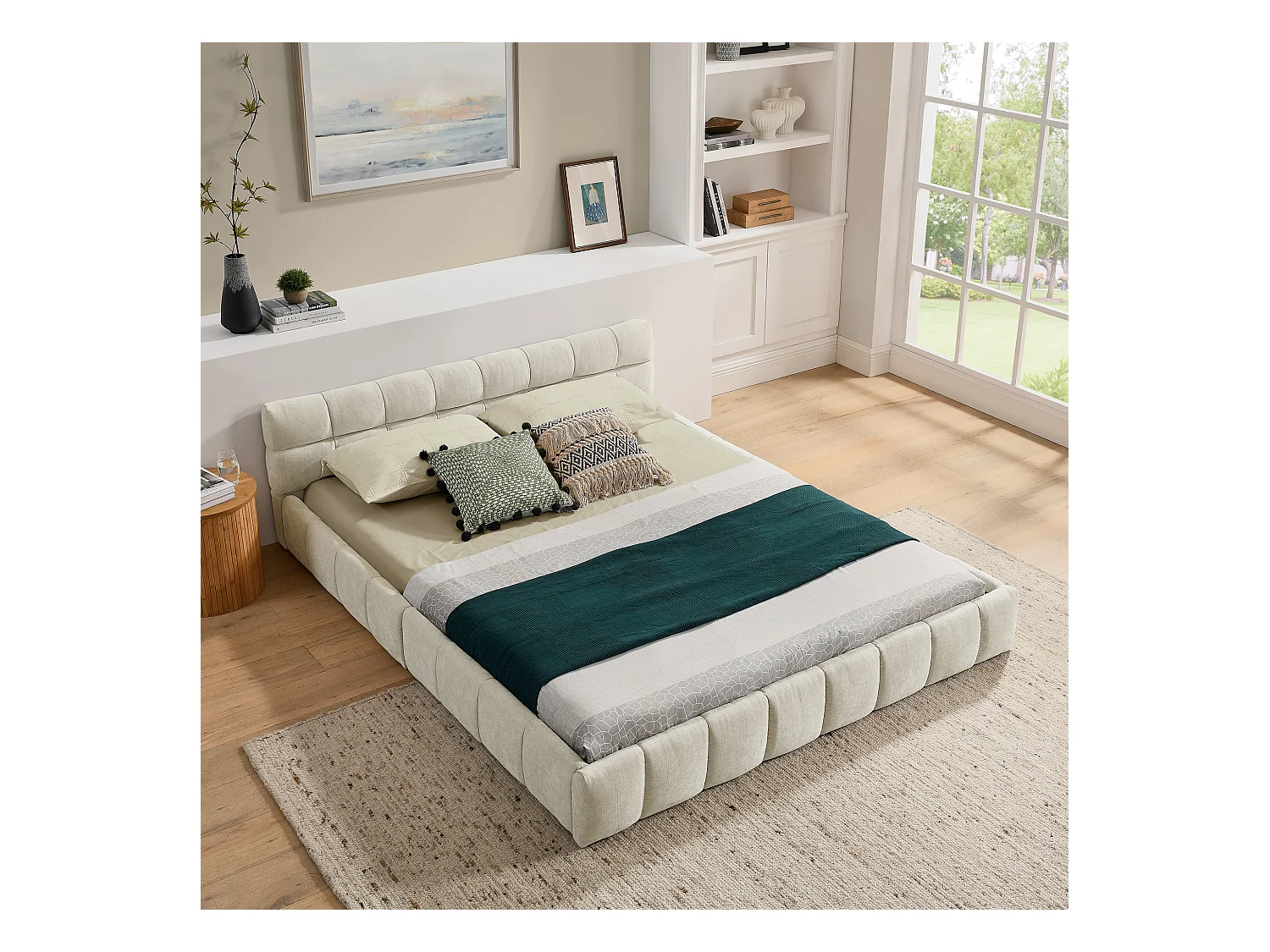 Łóżko podwójne 140 x 200 cm - Łóżko dla dorosłych z miękkim zagłówkiem i żelazną ramą - beżowa tkanina szenilowa - materac nie jest wliczony w cenę