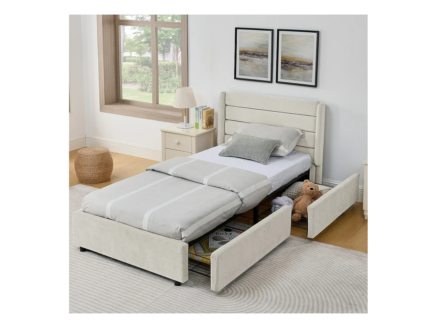 Łóżko pojedyncze 90 x 200 cm - Łóżko dziecięce z 2 dużymi szufladami - beżowa tkanina szenilowa - materac nie jest wliczony w cenę
