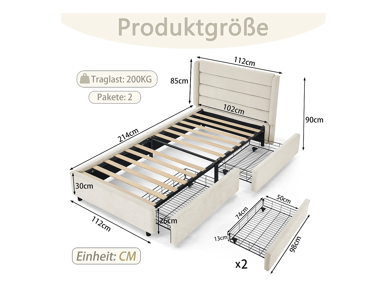 Łóżko pojedyncze 90 x 200 cm - Łóżko dziecięce z 2 dużymi szufladami - beżowa tkanina szenilowa - materac nie jest wliczony w cenę