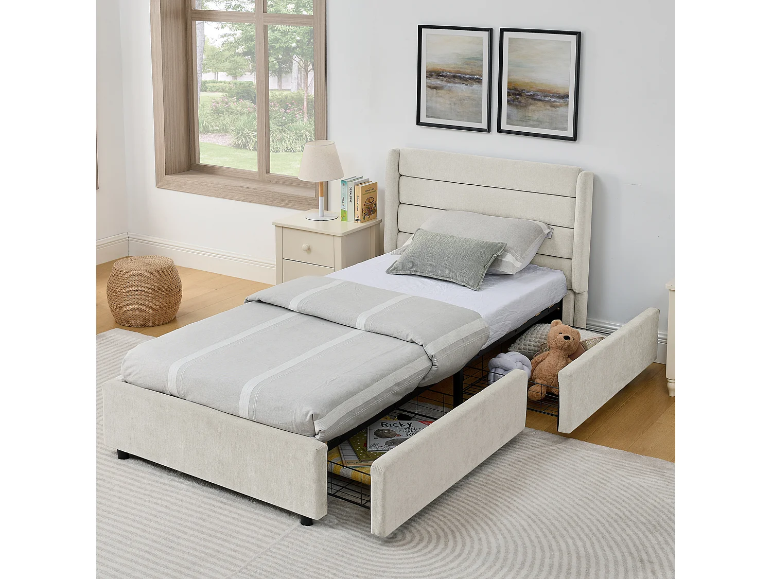 Lit simple 90 x 200 cm - Lit enfant avec 2 grands tiroirs de rangement - tissu chenille beige - matelas non inclus