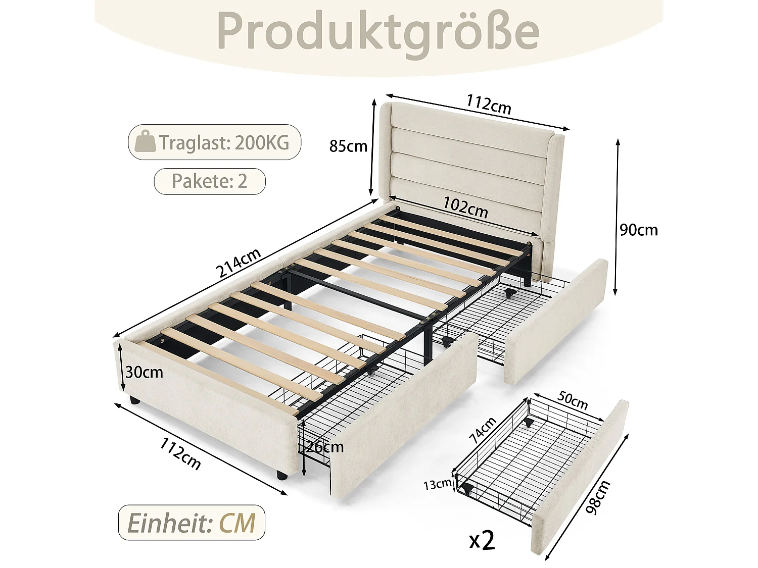 Lit simple 90 x 200 cm - Lit enfant avec 2 grands tiroirs de rangement - tissu chenille beige - matelas non inclus
