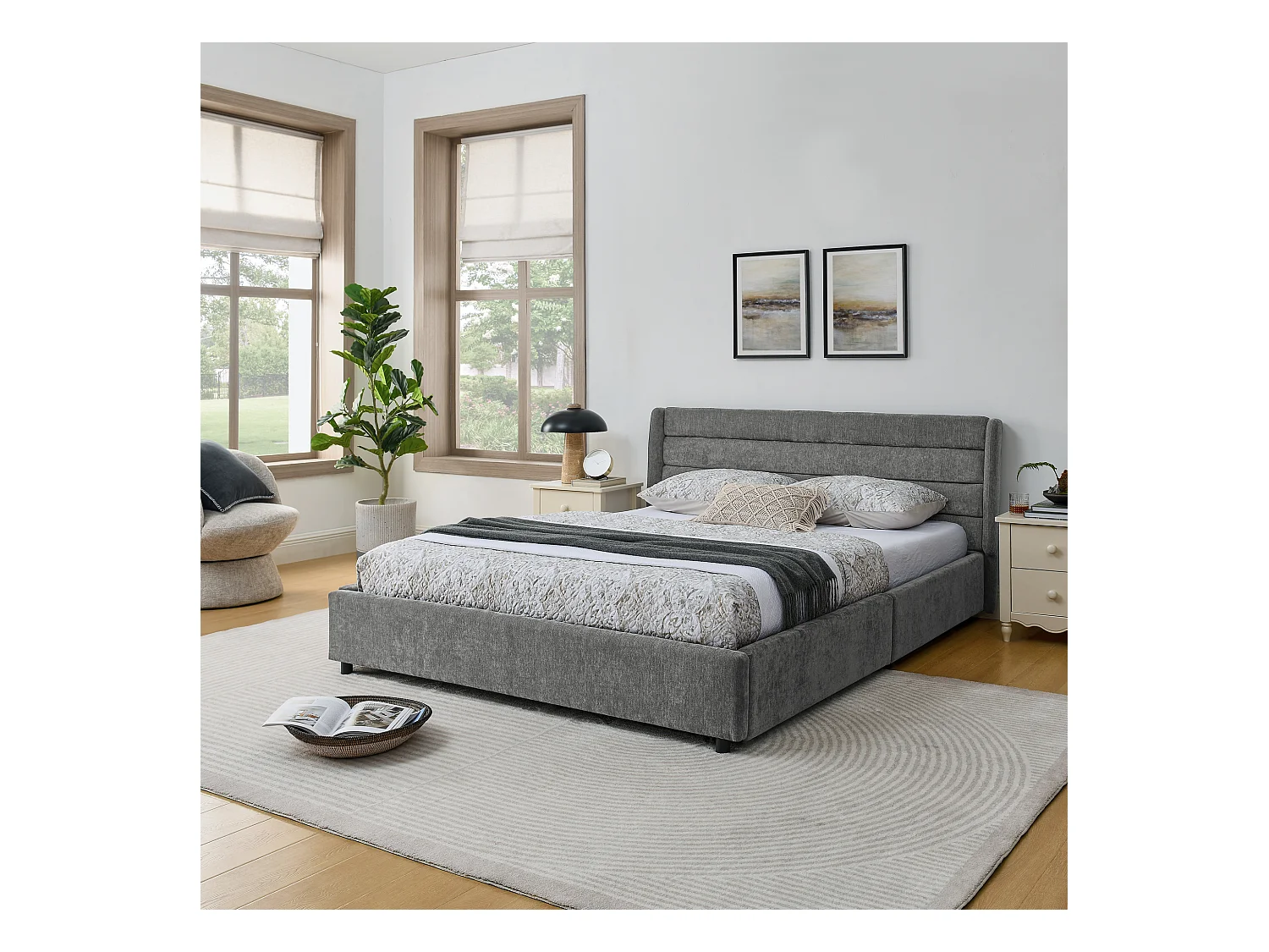 Łóżko podwójne 160 x 200 cm – łóżko dla dorosłych z 2 dużymi szufladami – ciemnoszara tkanina szenilowa – materac nie jest wliczony w cenę