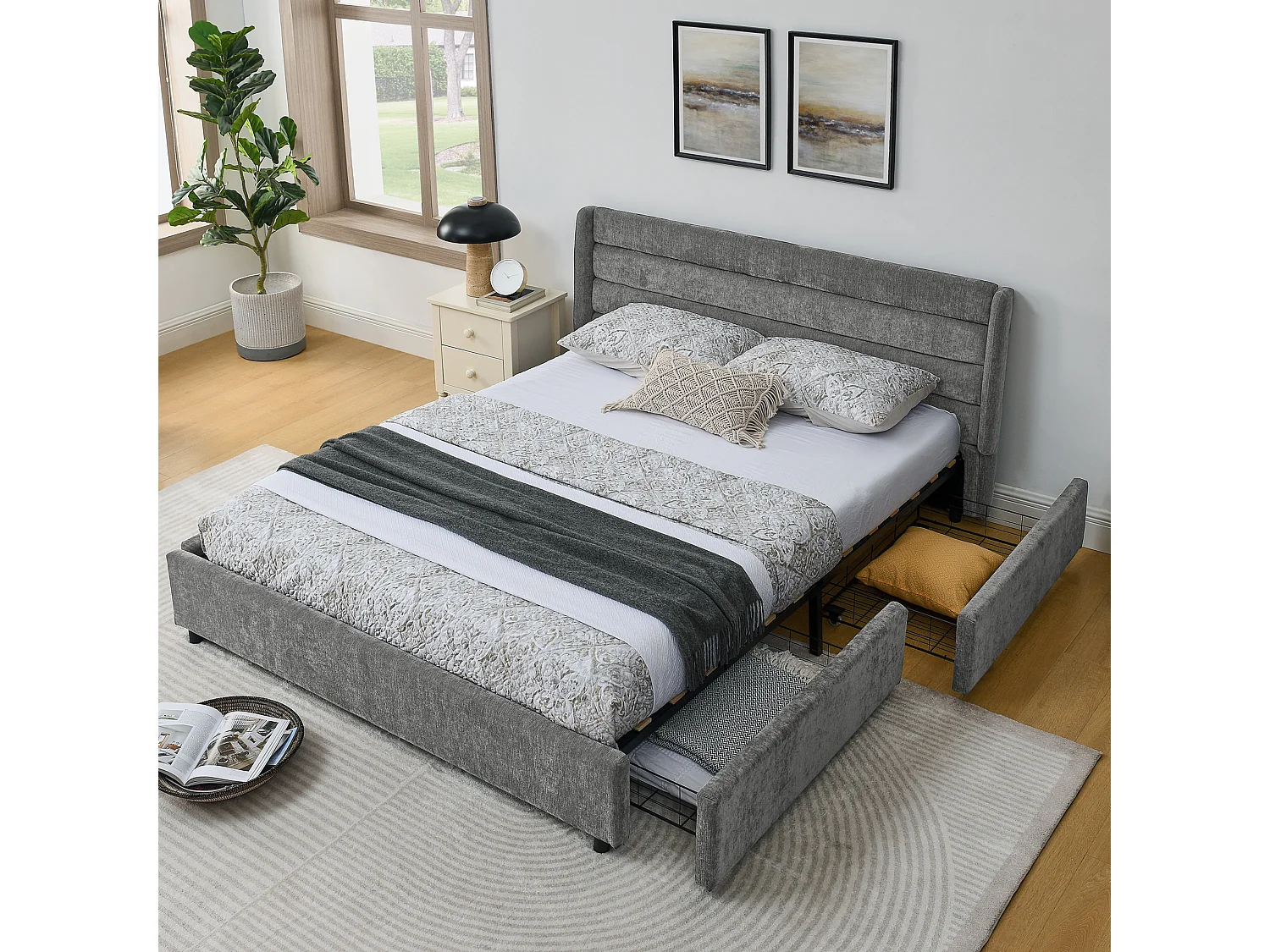 Lit double 160 x 200 cm - Lit adulte avec 2 grands tiroirs de rangement - tissu chenille gris foncé - matelas non inclus