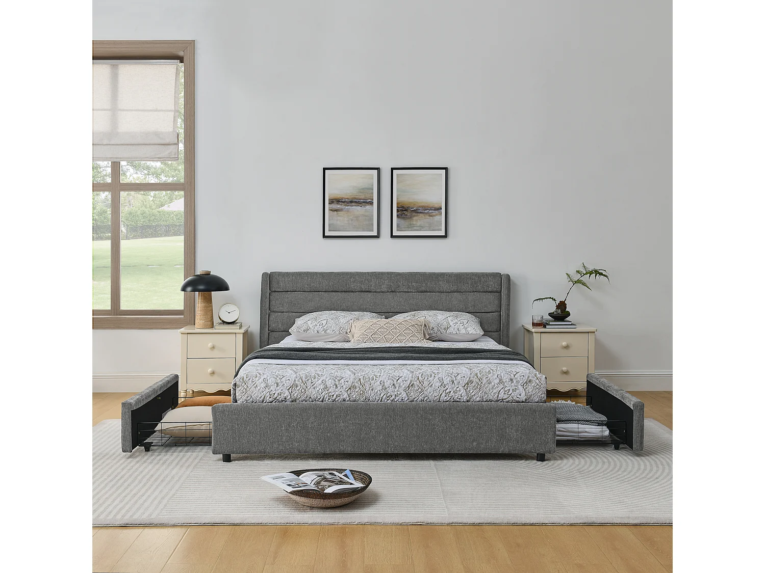 Lit double 160 x 200 cm - Lit adulte avec 2 grands tiroirs de rangement - tissu chenille gris foncé - matelas non inclus