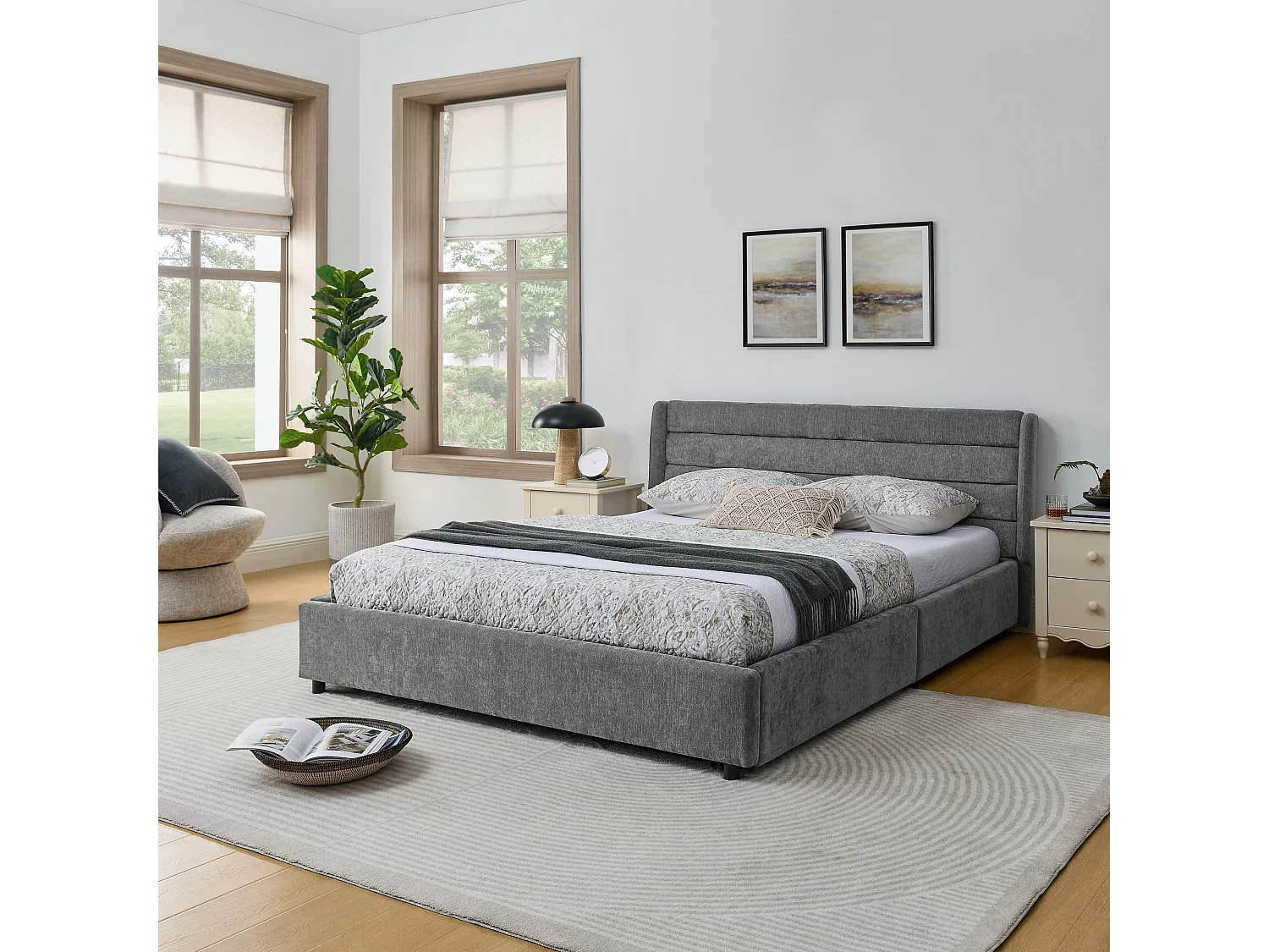 Lit double 160 x 200 cm - Lit adulte avec 2 grands tiroirs de rangement - tissu chenille gris foncé - matelas non inclus
