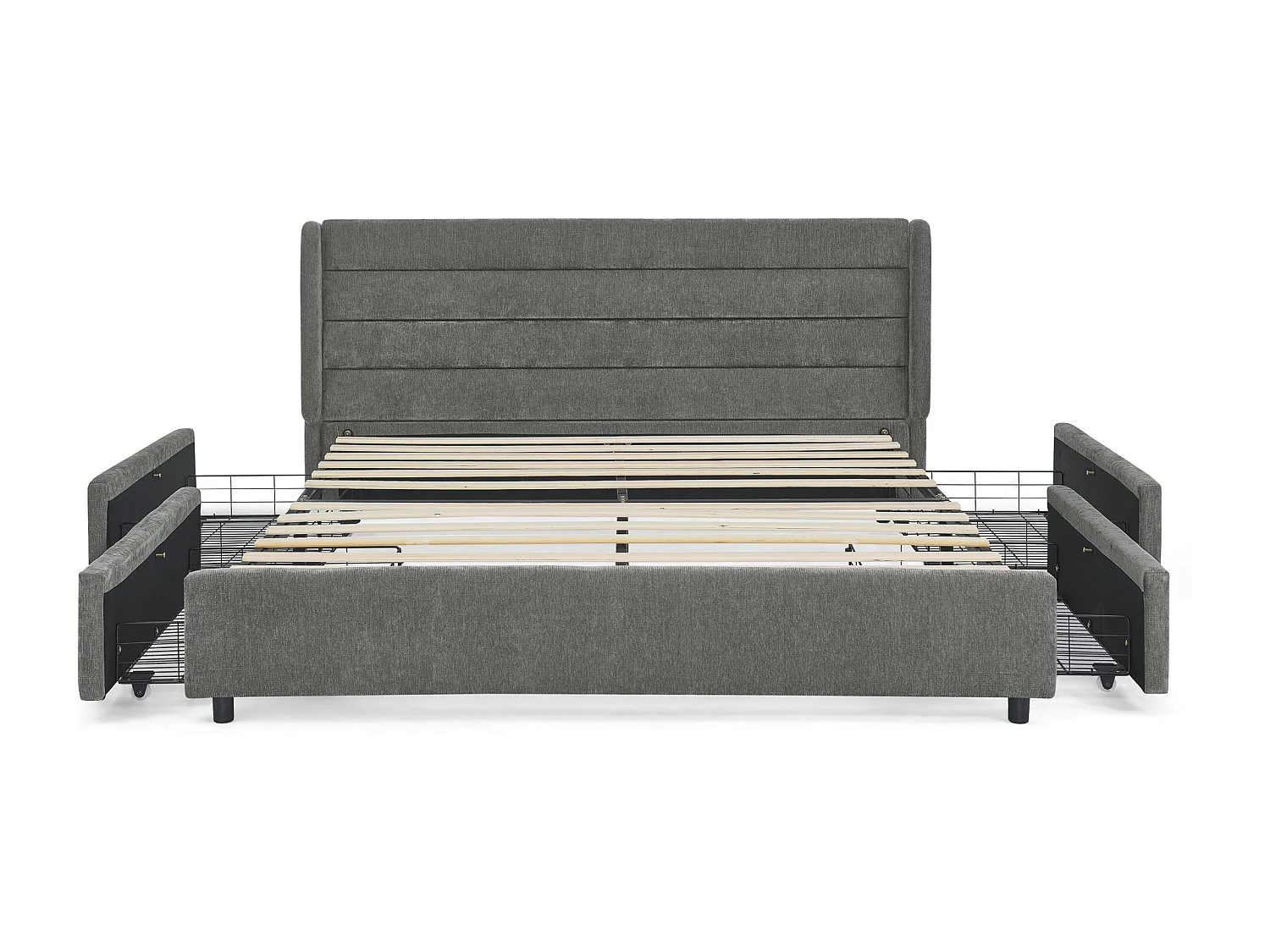 Lit double 160 x 200 cm - Lit adulte avec 2 grands tiroirs de rangement - tissu chenille gris foncé - matelas non inclus