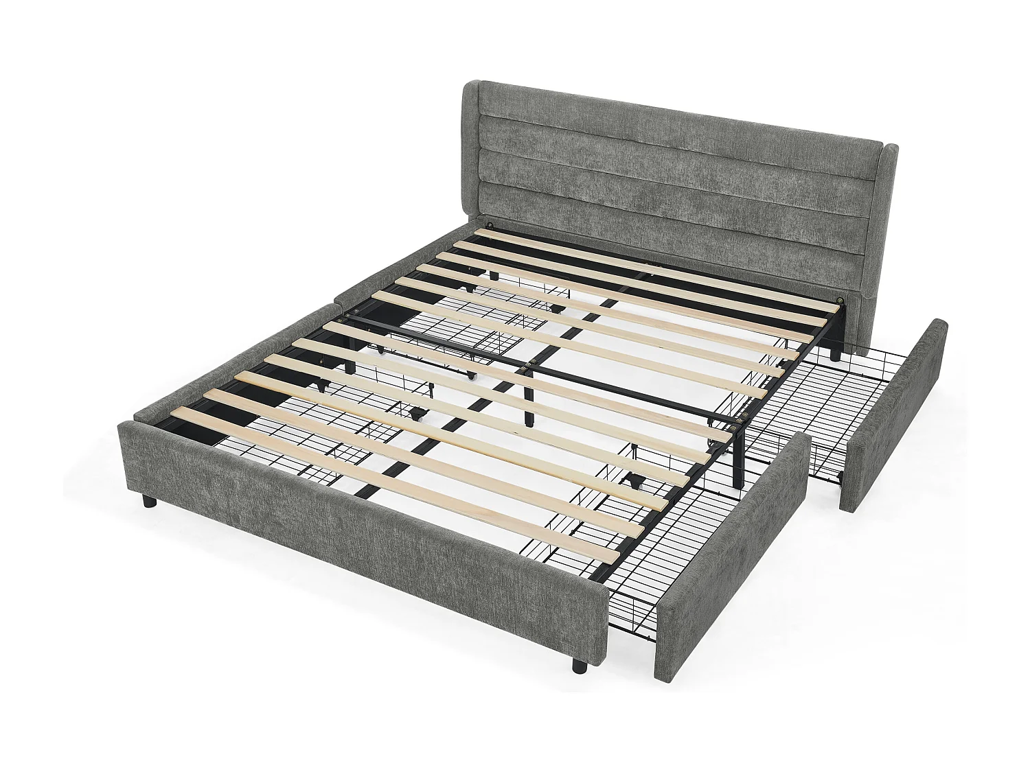 Lit double 160 x 200 cm - Lit adulte avec 2 grands tiroirs de rangement - tissu chenille gris foncé - matelas non inclus