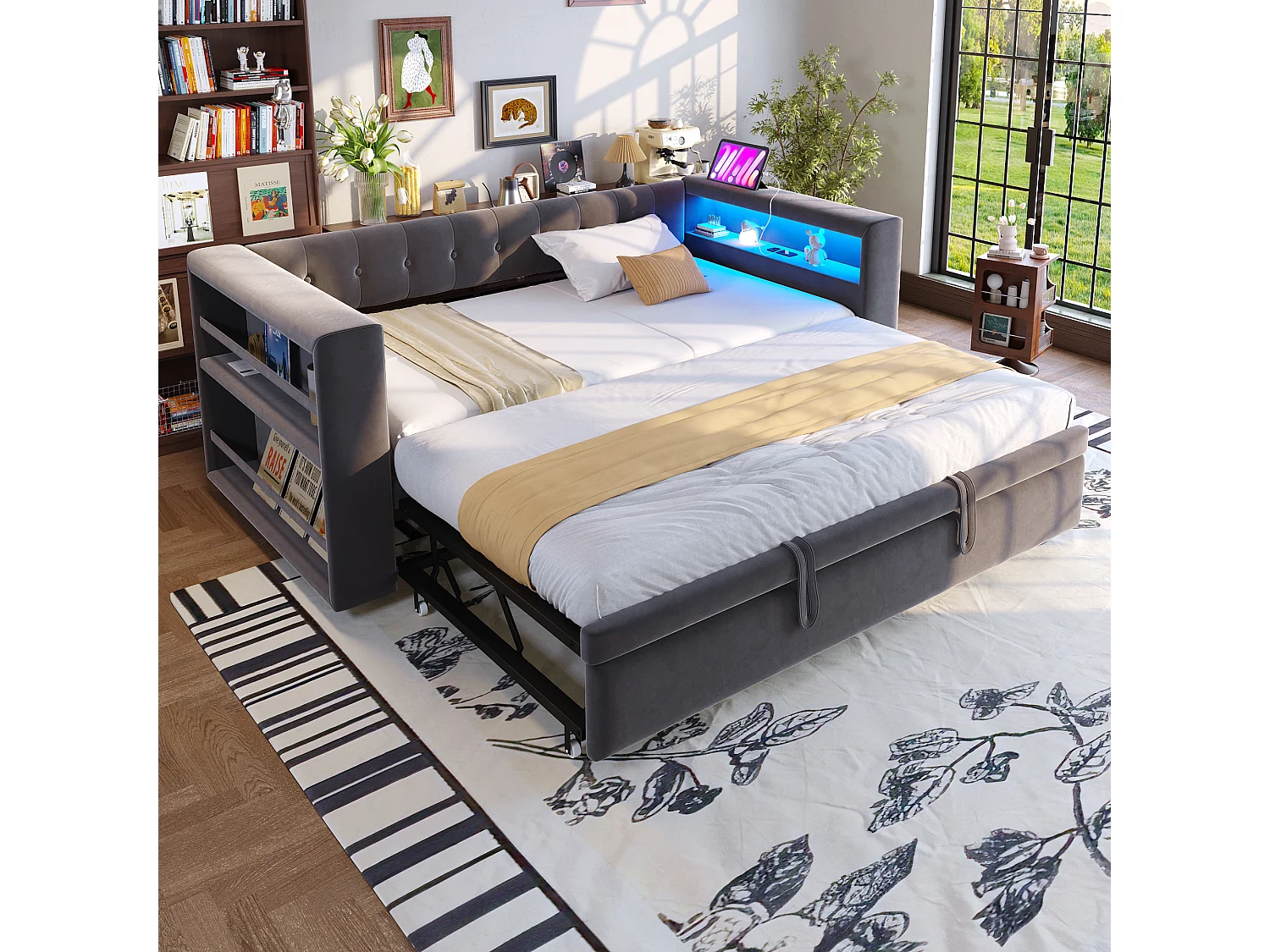 Ausziehbett 90/180 x 190 cm – Einzelbett mit LED-Beleuchtung und Ablagefach – Flanell in Dunkelgrau – Matratze nicht im Lieferumfang enthalten