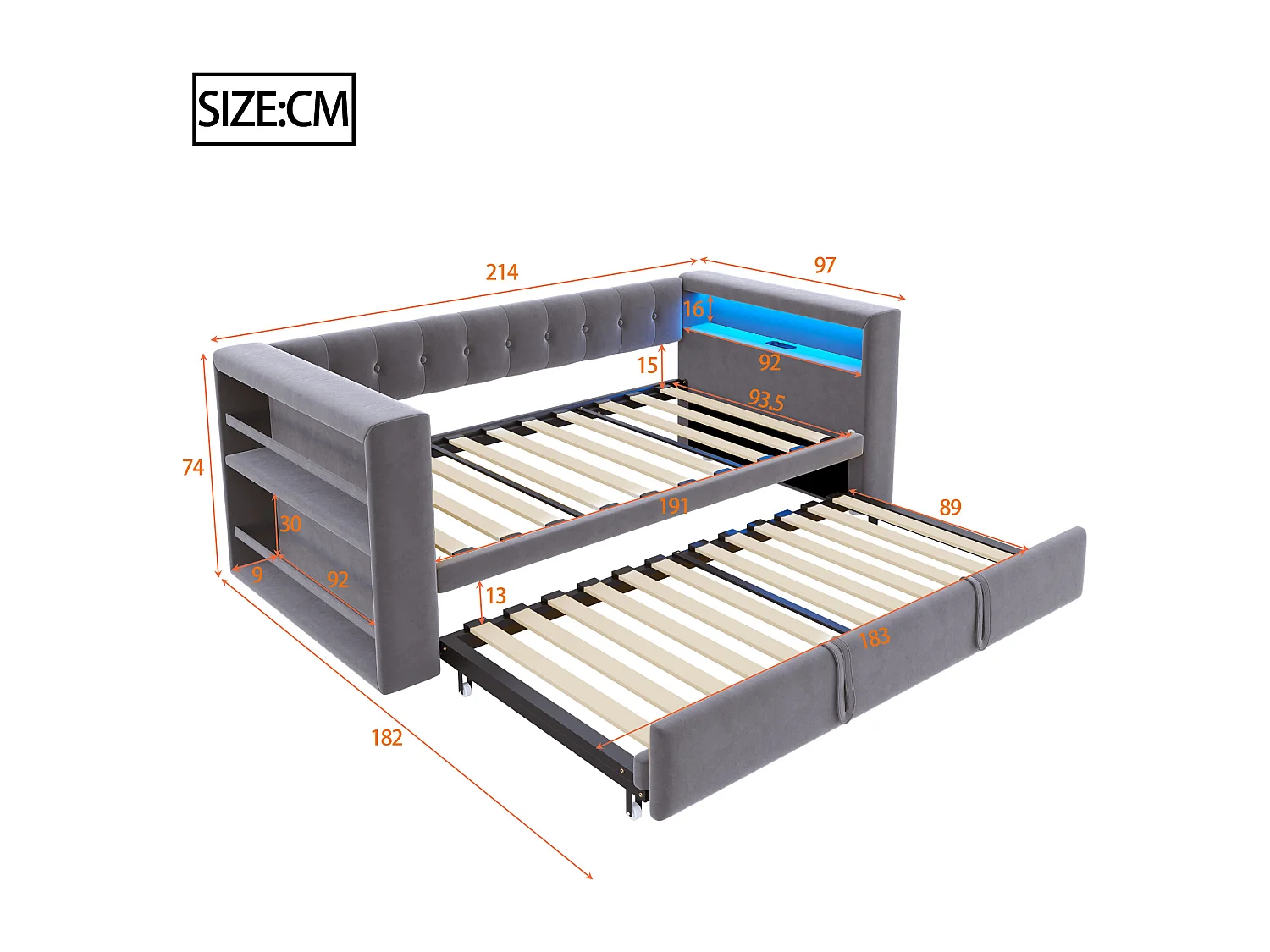 Ausziehbett 90/180 x 190 cm – Einzelbett mit LED-Beleuchtung und Ablagefach – Flanell in Dunkelgrau – Matratze nicht im Lieferumfang enthalten