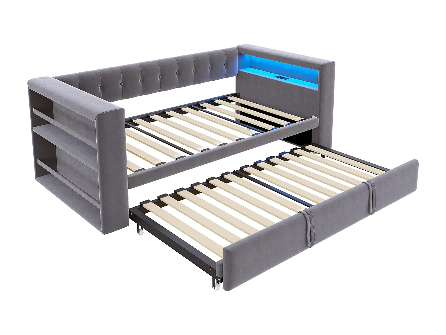 Ausziehbett 90/180 x 190 cm – Einzelbett mit LED-Beleuchtung und Ablagefach – Flanell in Dunkelgrau – Matratze nicht im Lieferumfang enthalten