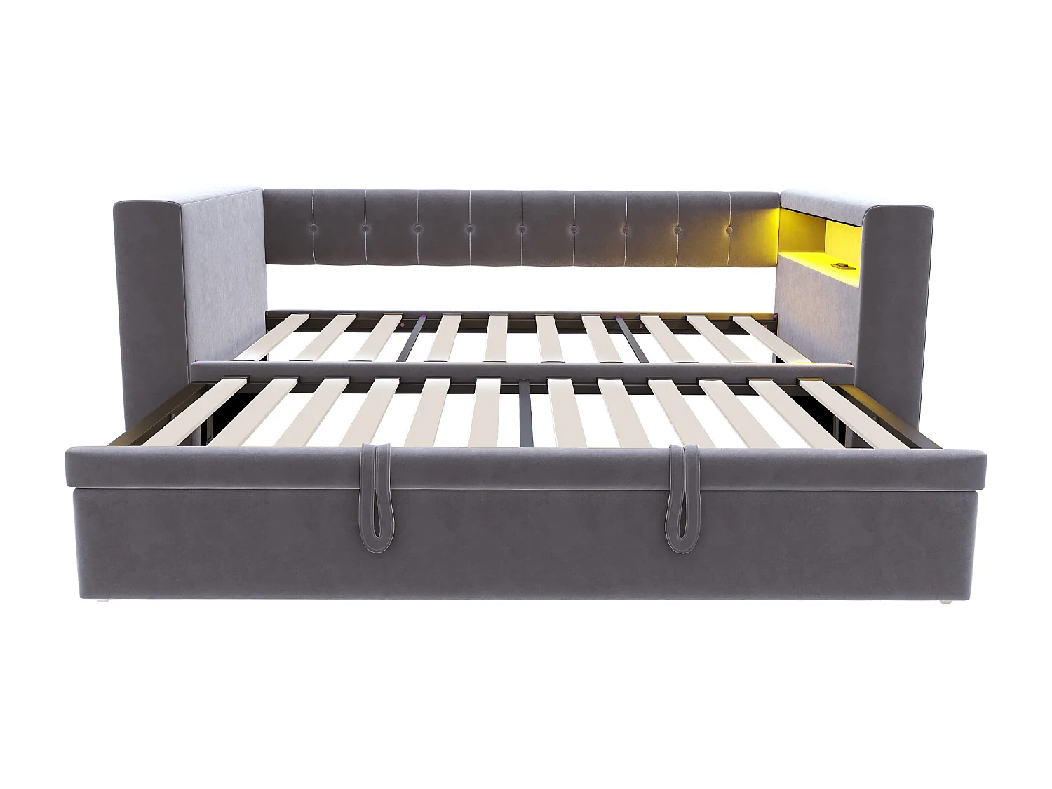 Ausziehbett 90/180 x 190 cm – Einzelbett mit LED-Beleuchtung und Ablagefach – Flanell in Dunkelgrau – Matratze nicht im Lieferumfang enthalten