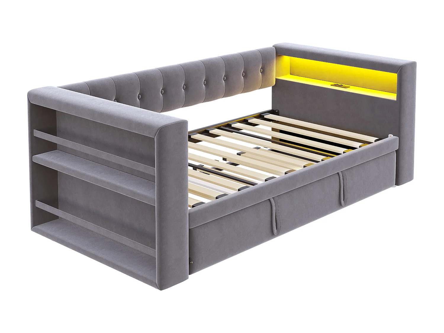 Ausziehbett 90/180 x 190 cm – Einzelbett mit LED-Beleuchtung und Ablagefach – Flanell in Dunkelgrau – Matratze nicht im Lieferumfang enthalten