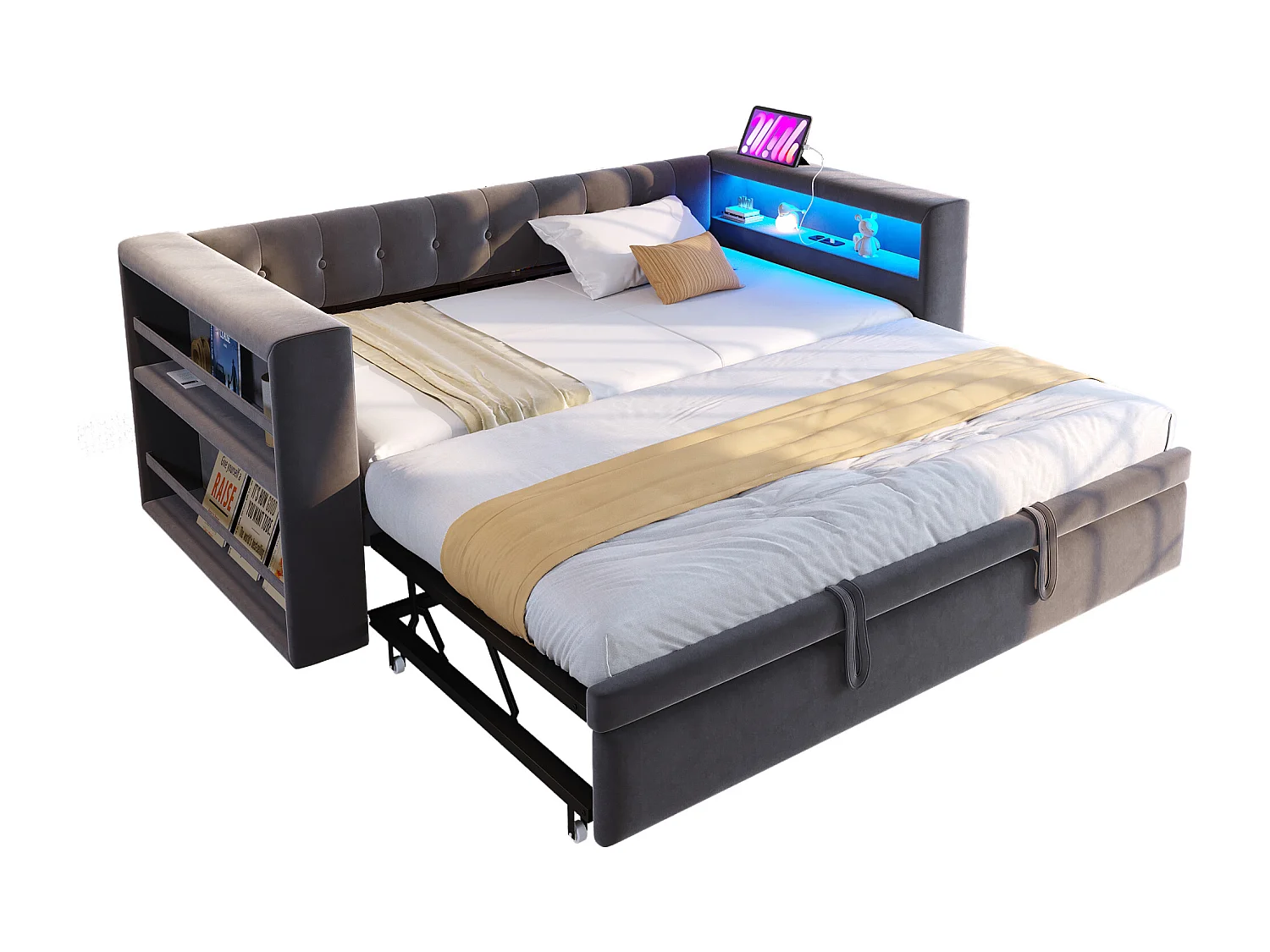 Ausziehbett 90/180 x 190 cm – Einzelbett mit LED-Beleuchtung und Ablagefach – Flanell in Dunkelgrau – Matratze nicht im Lieferumfang enthalten