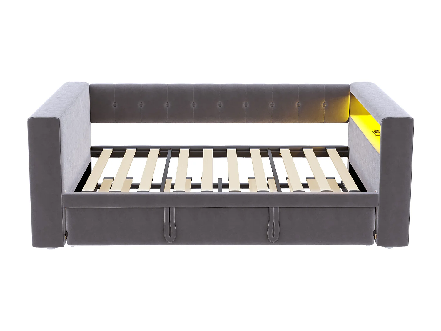 Ausziehbett 90/180 x 190 cm – Einzelbett mit LED-Beleuchtung und Ablagefach – Flanell in Dunkelgrau – Matratze nicht im Lieferumfang enthalten