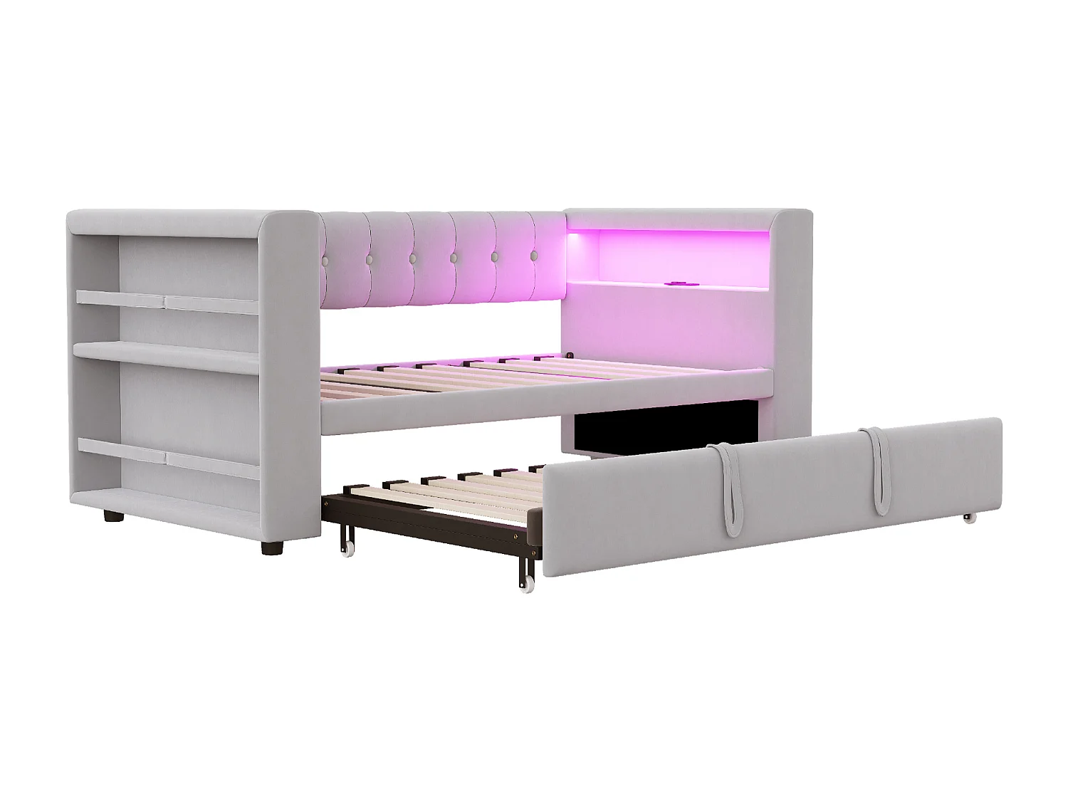 Lit gigogne 90/180 x 190 cm - Lit simple avec éclairage LED et étagère de rangement - flanelle gris clair - matelas non inclus