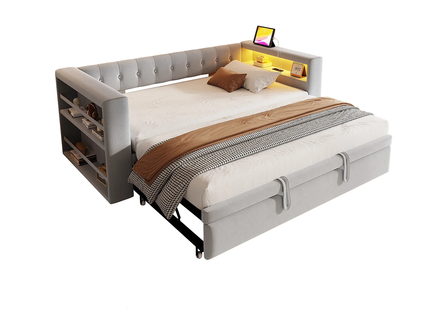 Lit gigogne 90/180 x 190 cm - Lit simple avec éclairage LED et étagère de rangement - flanelle gris clair - matelas non inclus
