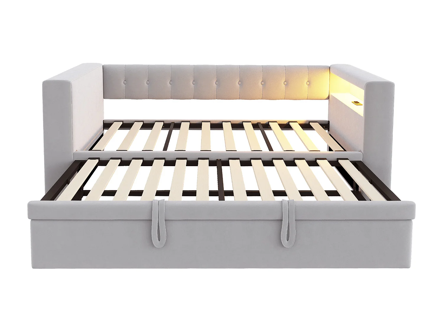 Lit gigogne 90/180 x 190 cm - Lit simple avec éclairage LED et étagère de rangement - flanelle gris clair - matelas non inclus